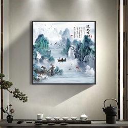 有鱼升级款方形流水生财中式客厅装饰画国画沙发背景墙壁画办公室挂画山水画