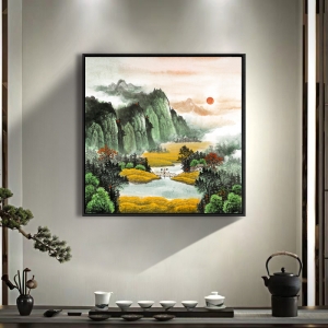 方形聚宝盆字画中式客厅装饰画国画沙发背景墙壁画办公室挂画山水画