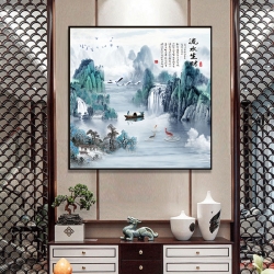 有鱼升级款方形流水生财中式客厅装饰画国画沙发背景墙壁画办公室挂画山水画