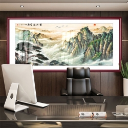 紫气东来实木国画海纳百川字画中式客厅装饰画国画沙发背景墙壁画办公室挂画山水画