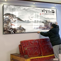 海纳百川中式山水画工厂批发市场豪华有机玻璃装饰画晶瓷大画生产